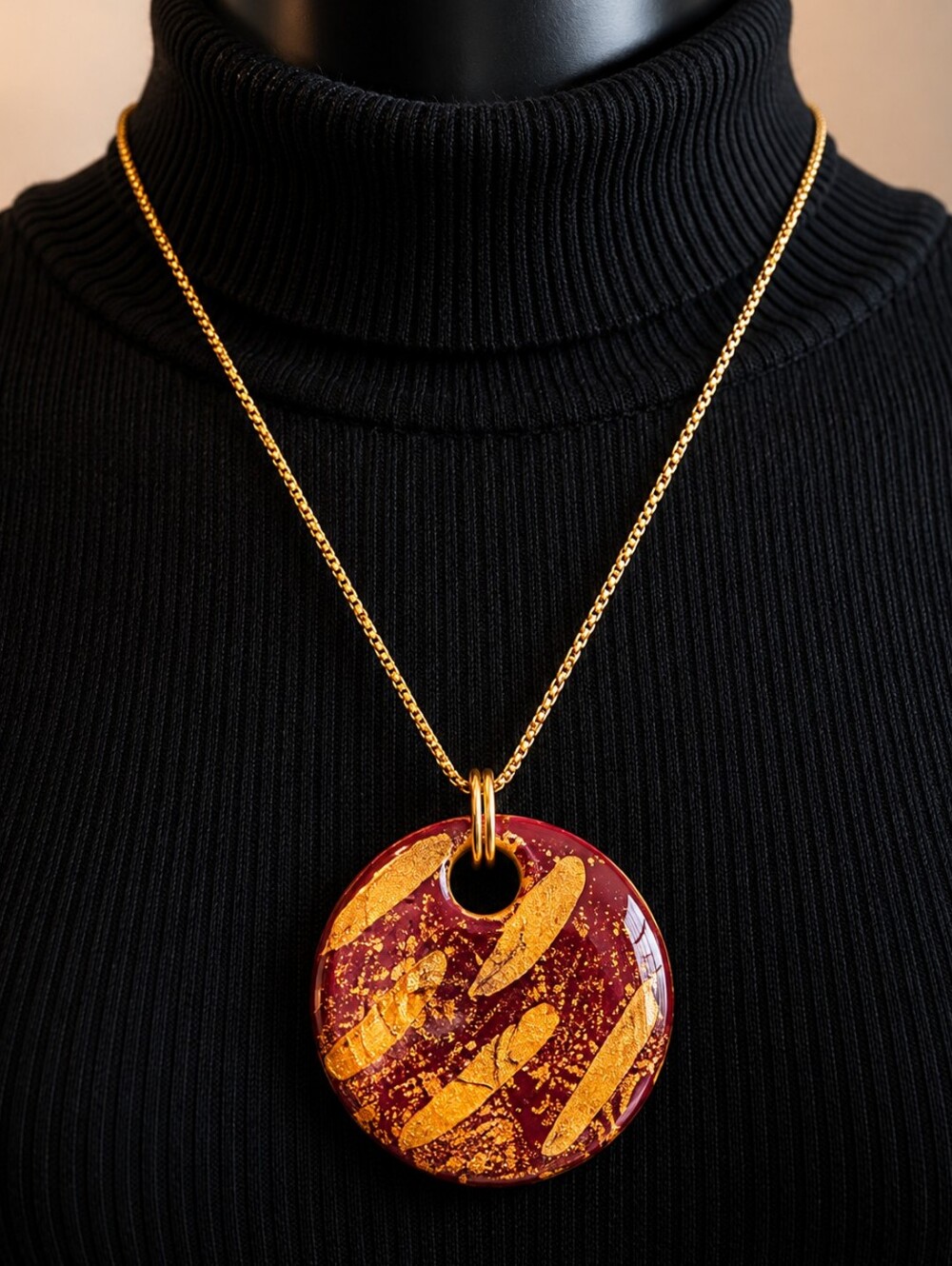 Statement Pendant Necklace Burgundy Gold Resin Long Boho Artisan Jewelry NWOT
